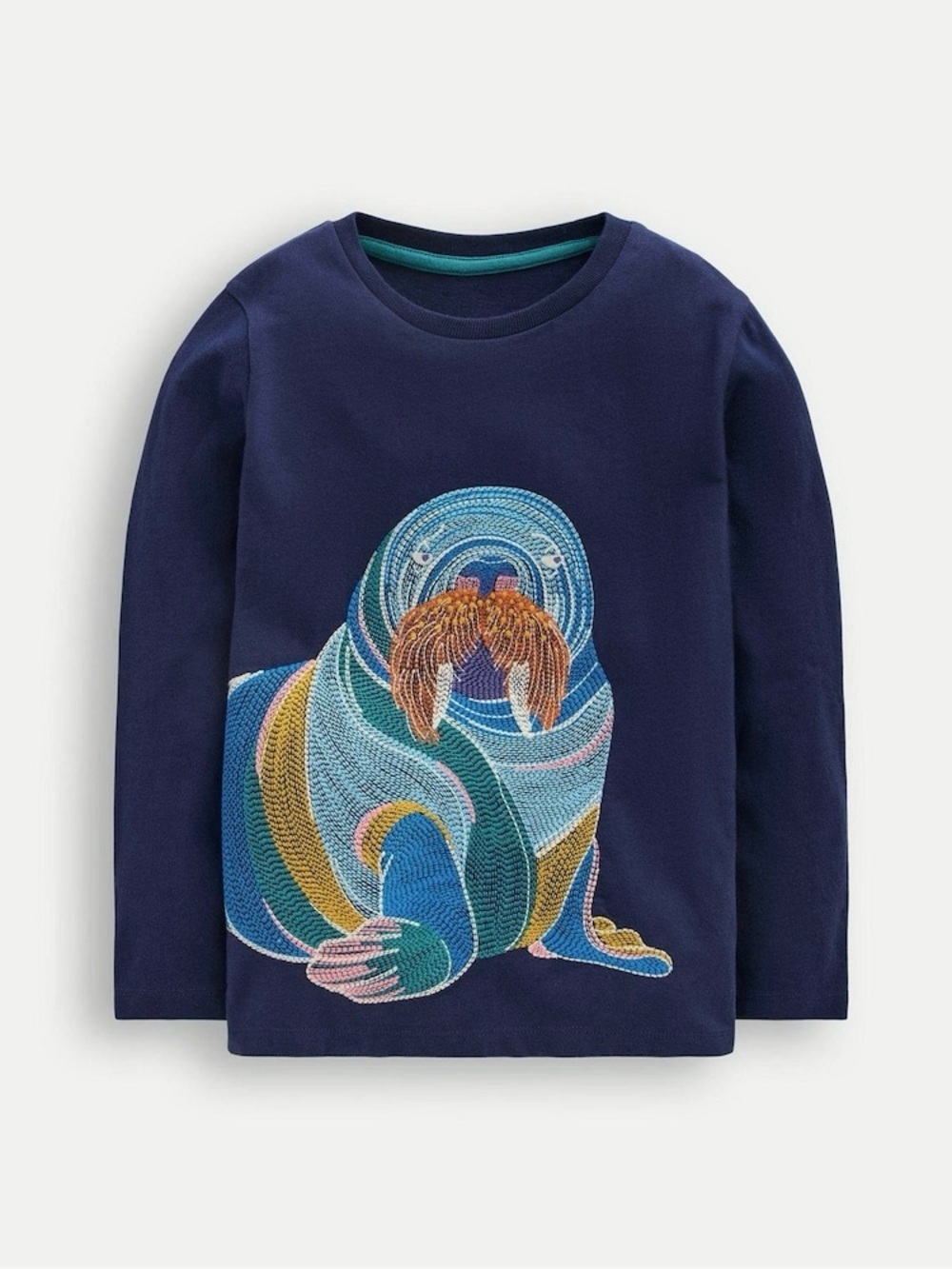 Mini Boden Blue Superstitch Embroidered Walrus Long Sleeve T-Shirt Size 5-6